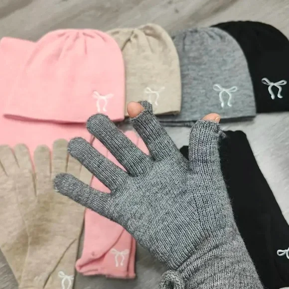 NEW 3 Piece Set: Soft Knit Scarf, Beanie & Fingerless Gloves with Bow Embroidery